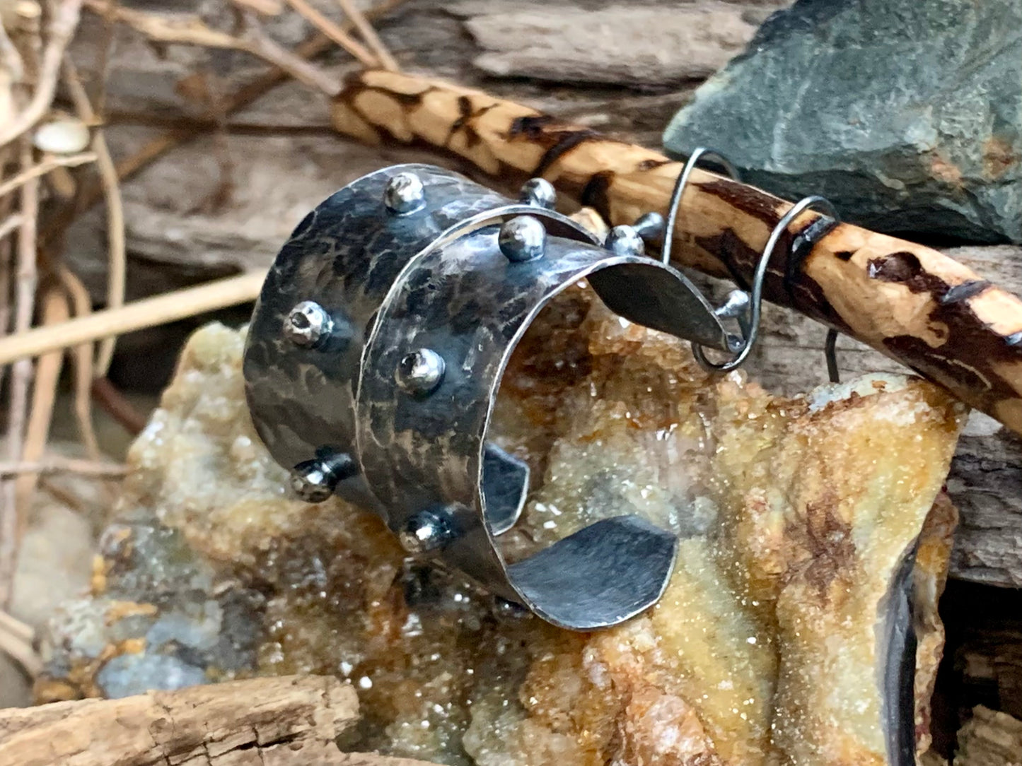 Oxidized Hand Forged Sterling Silver Ball Hoop Earrings # 2