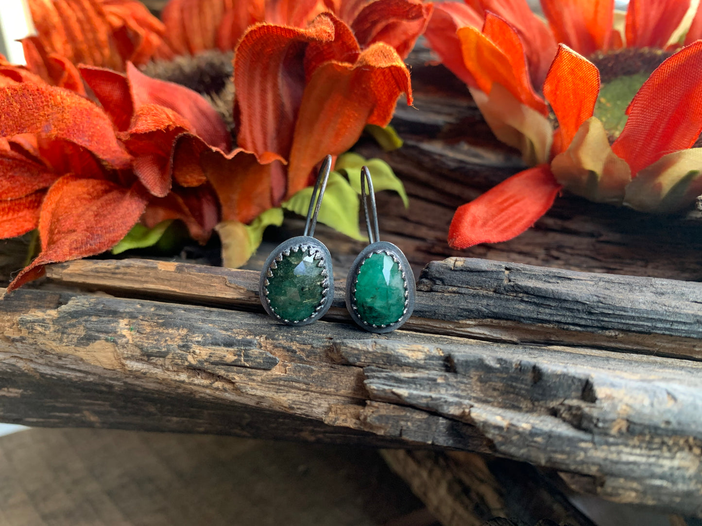 Fall Collection Oxidized Sterling Silver Rose Cut Emerald Earrings (2)