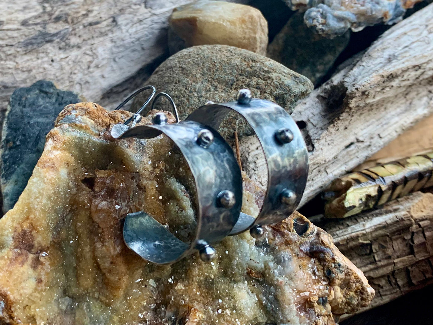 Oxidized Hand Forged Sterling Silver Ball Hoop Earrings # 2