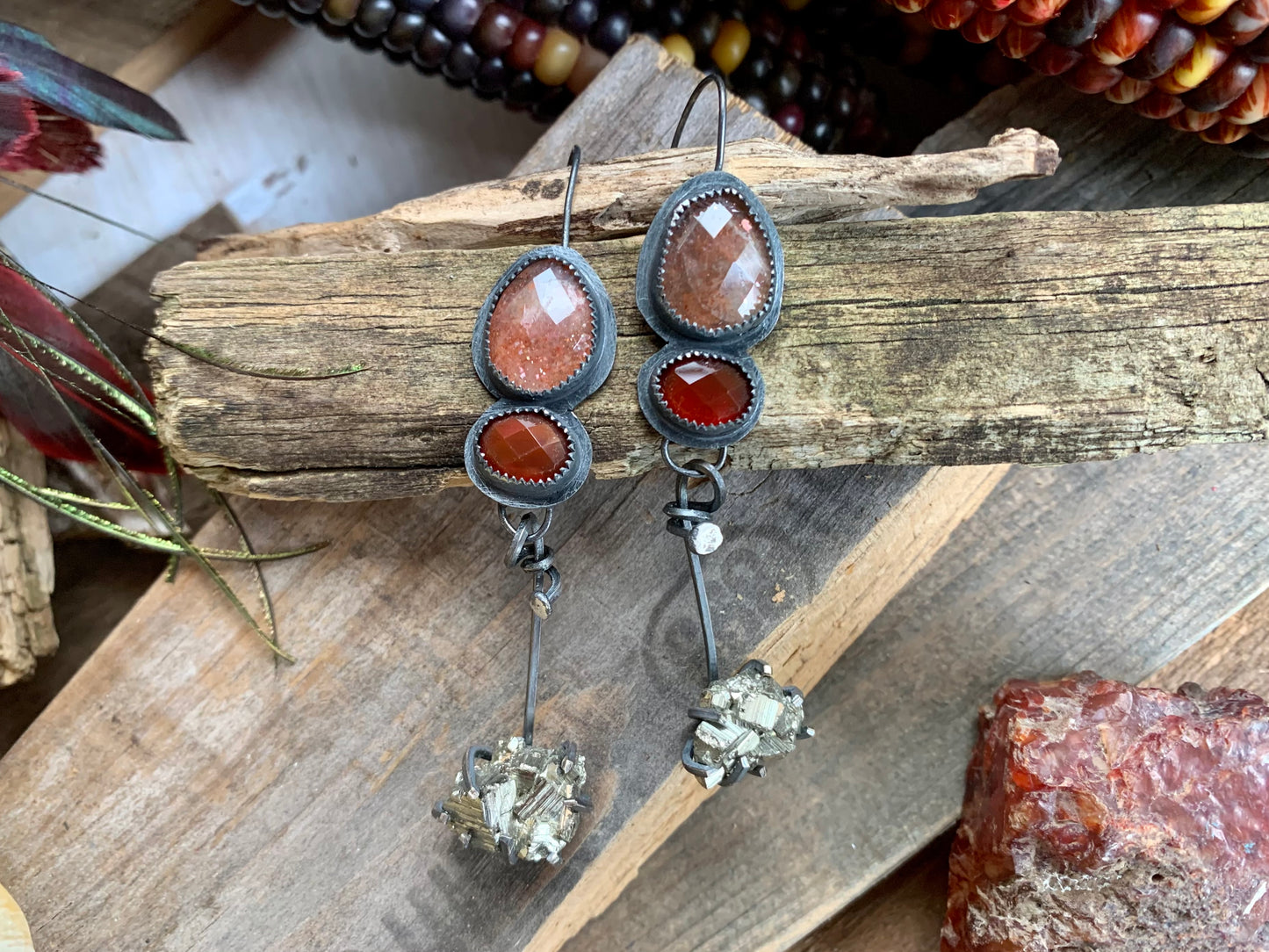 Fall Collection Sterling Silver Sunstone Rose Cut Carnelian Pyrite Earrings