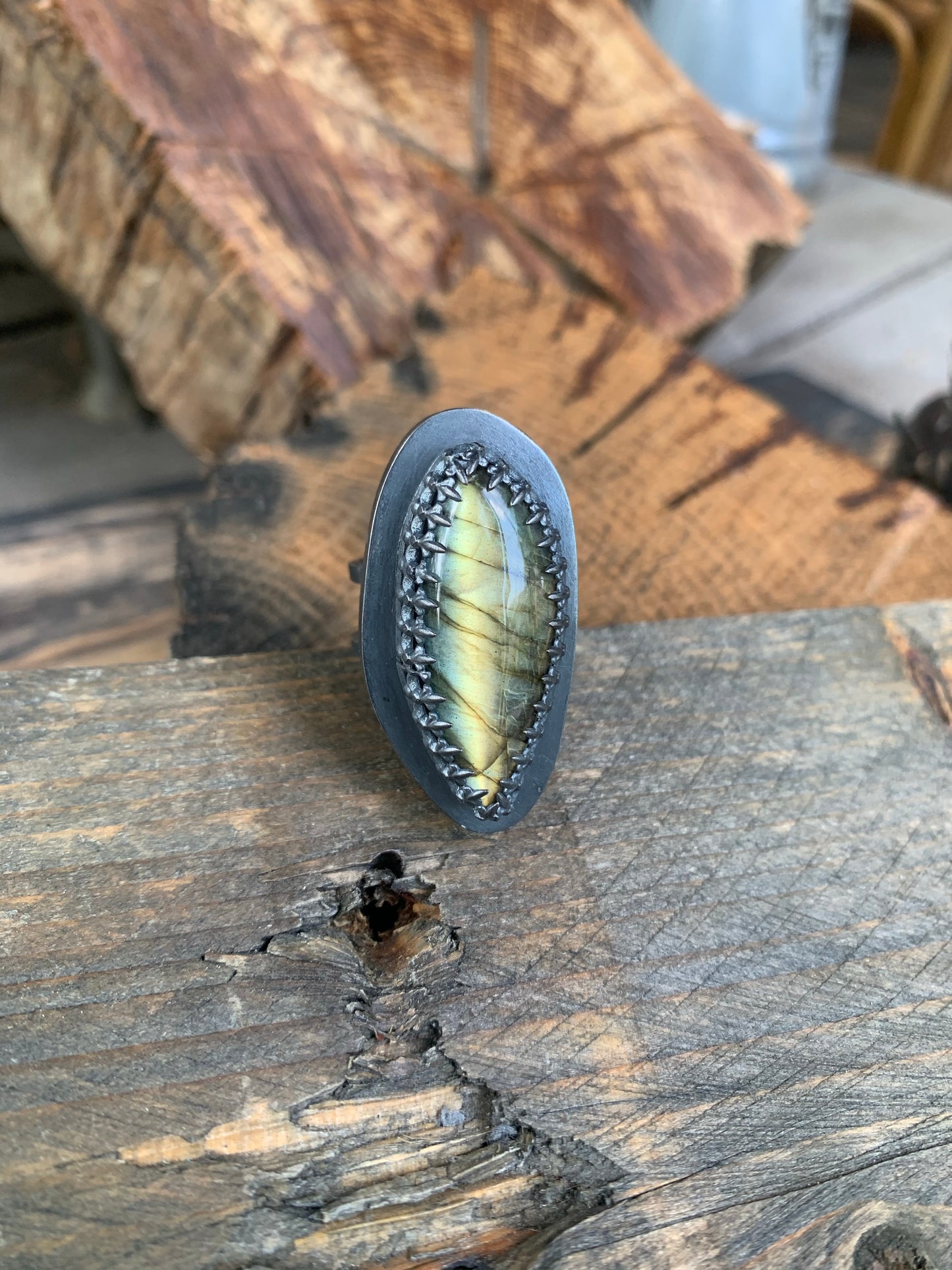 Oblong Labradorite Sterling Silver Hollow Box Form Adjustable Ring