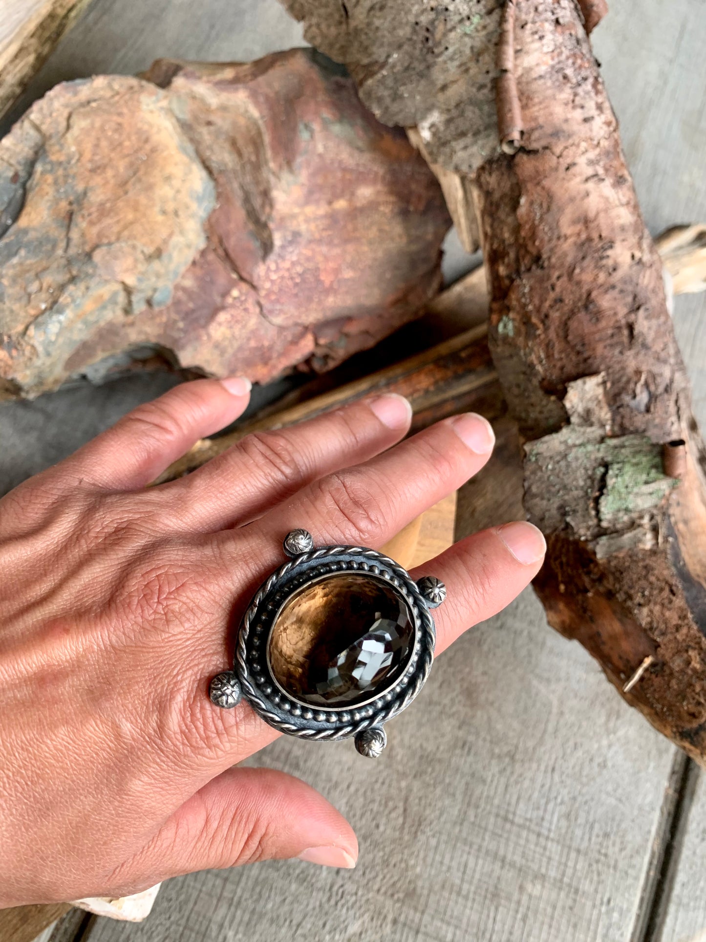 Smokey Quartz Sterling Silver Ball and Twisted Adjustable Ring