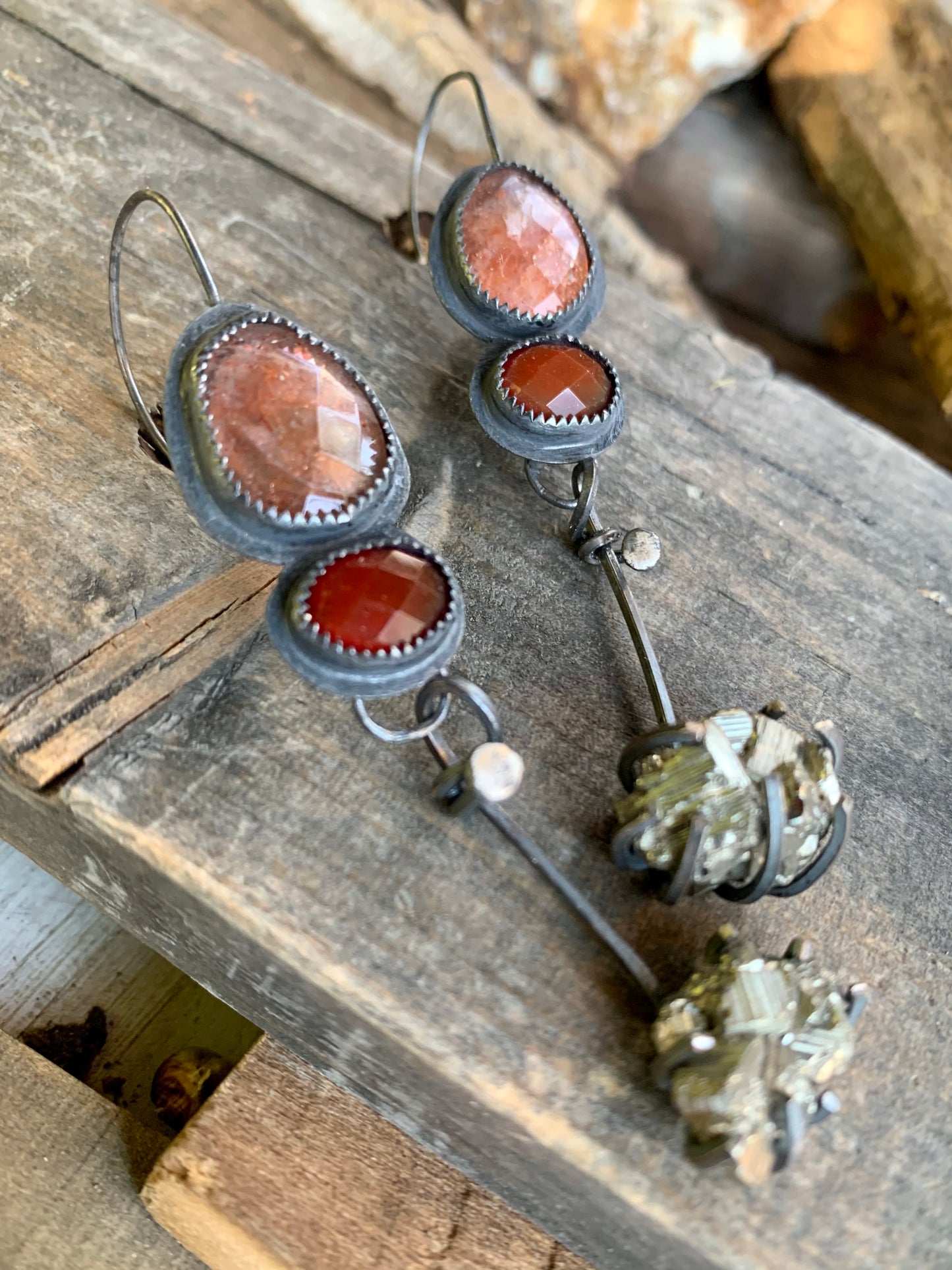 Fall Collection Sterling Silver Sunstone Rose Cut Carnelian Pyrite Earrings