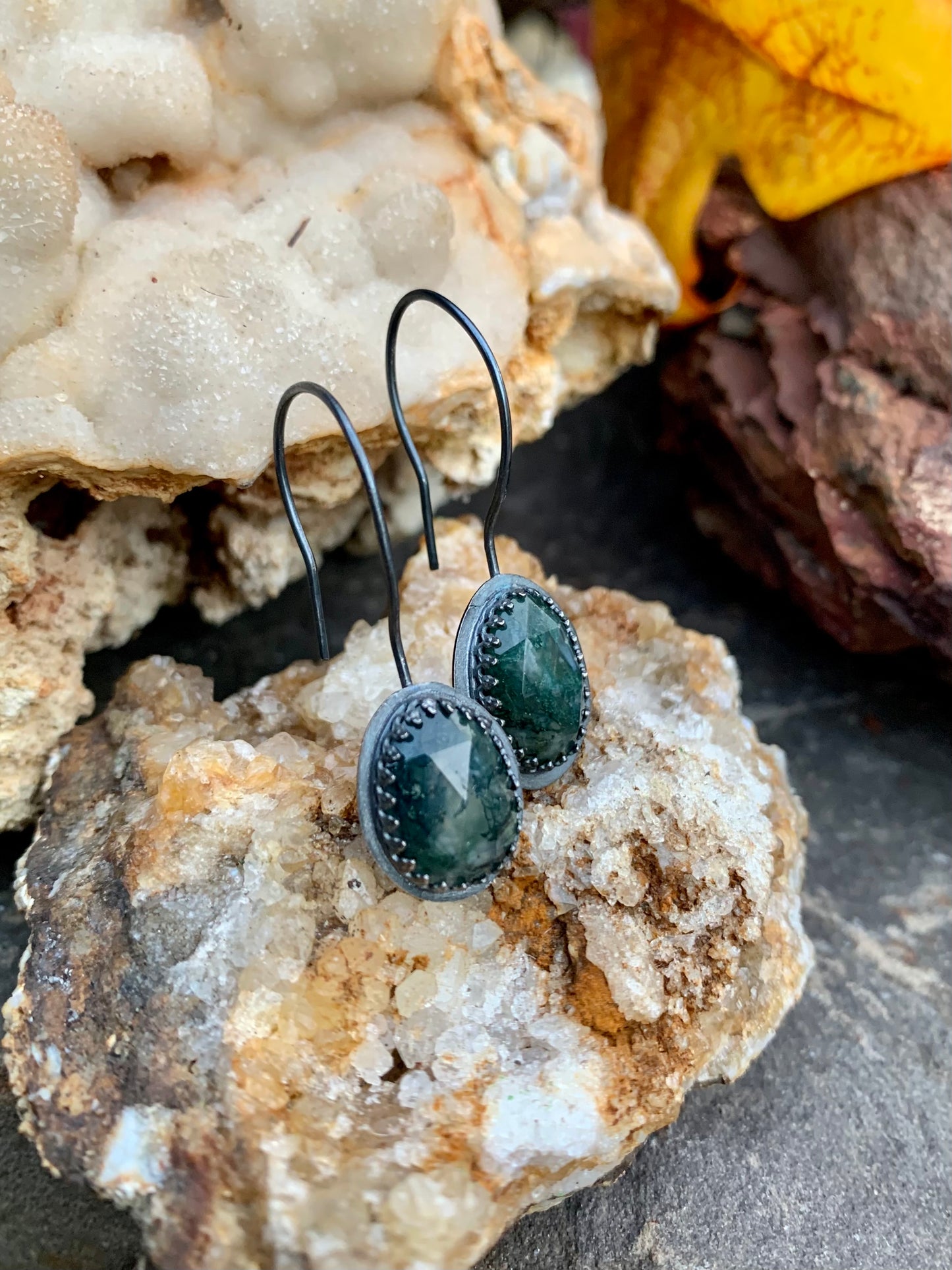 Fall Collection Sterling Silver Rose Cut Moss Agate Earrings