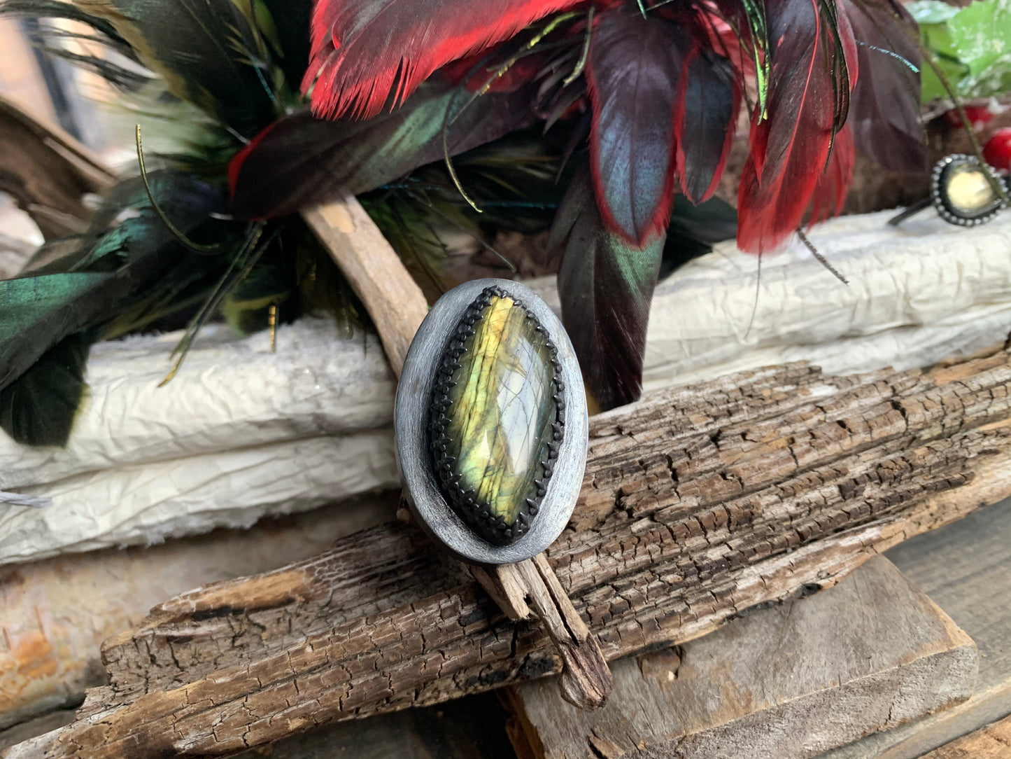 Sterling Silver Labradorite Hollow Form Adjustable Ring (2)