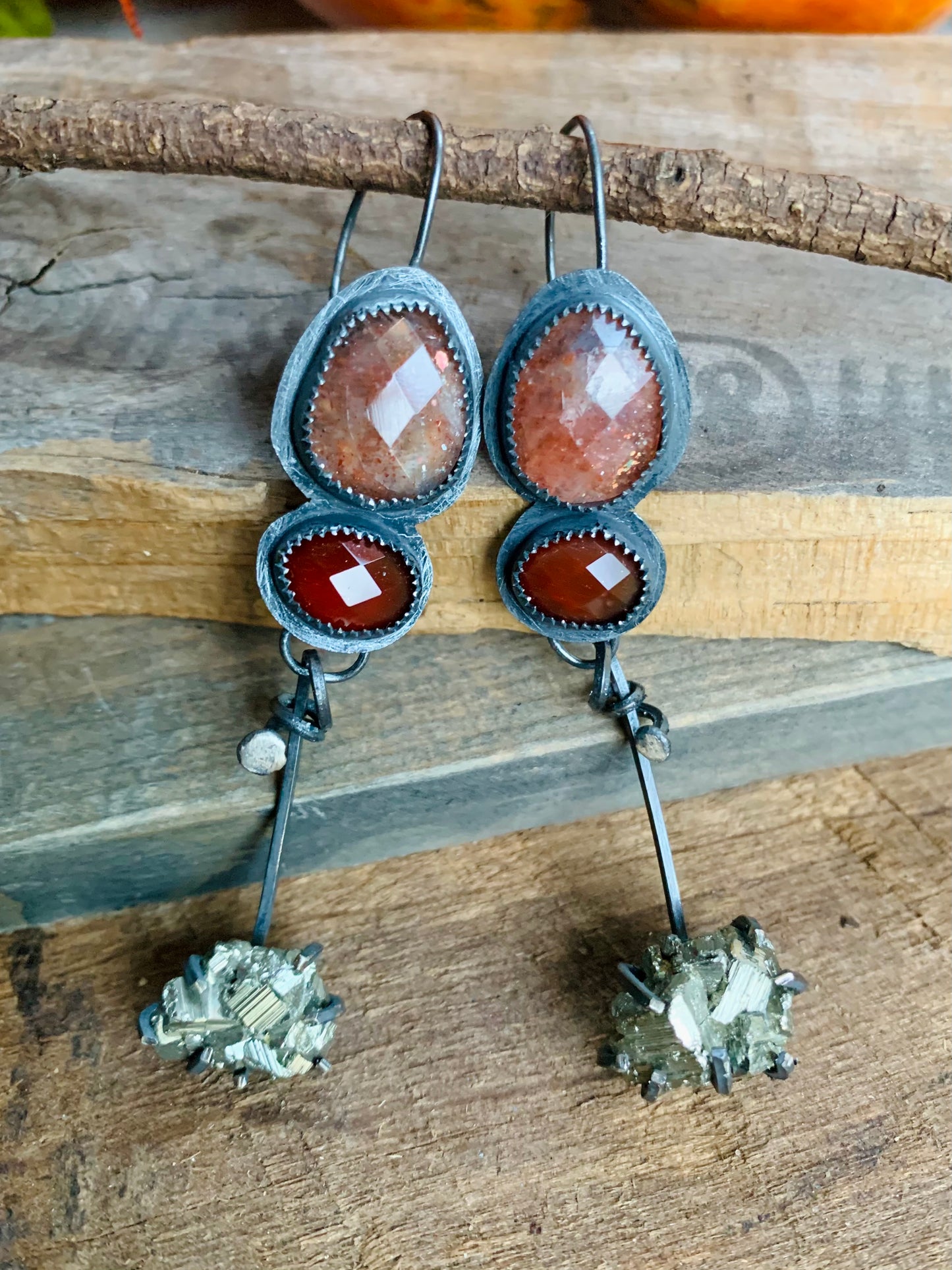 Fall Collection Sterling Silver Sunstone Rose Cut Carnelian Pyrite Earrings