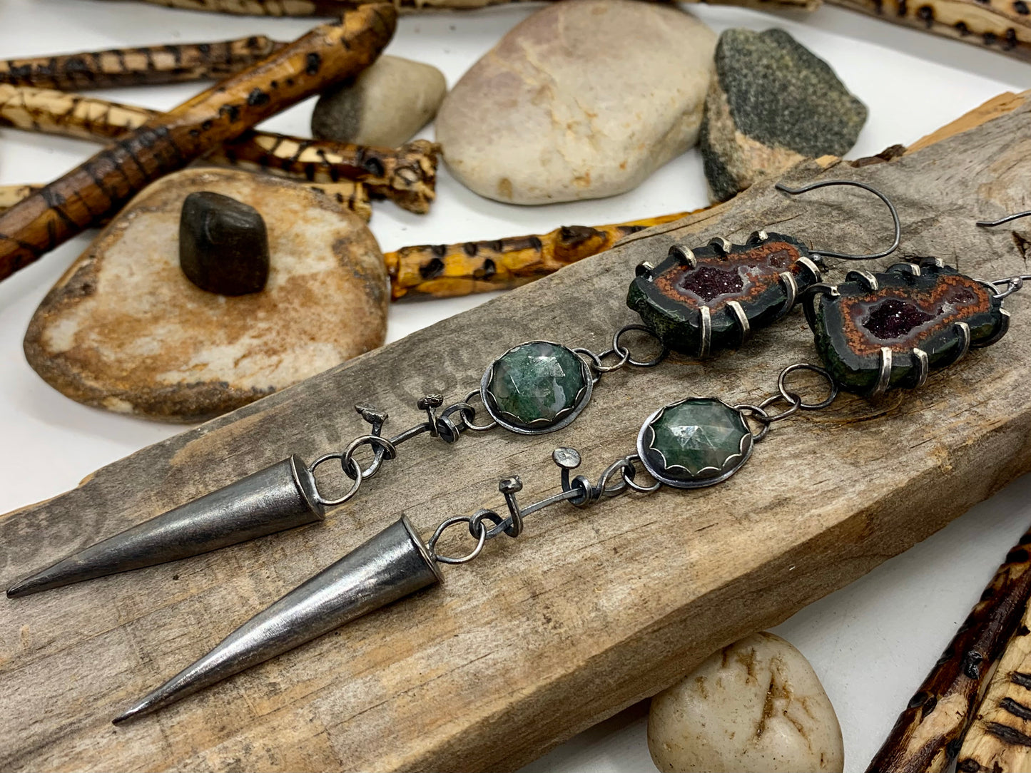 Sterling Silver Tabasco Geode Moss Agate Cone Earrings