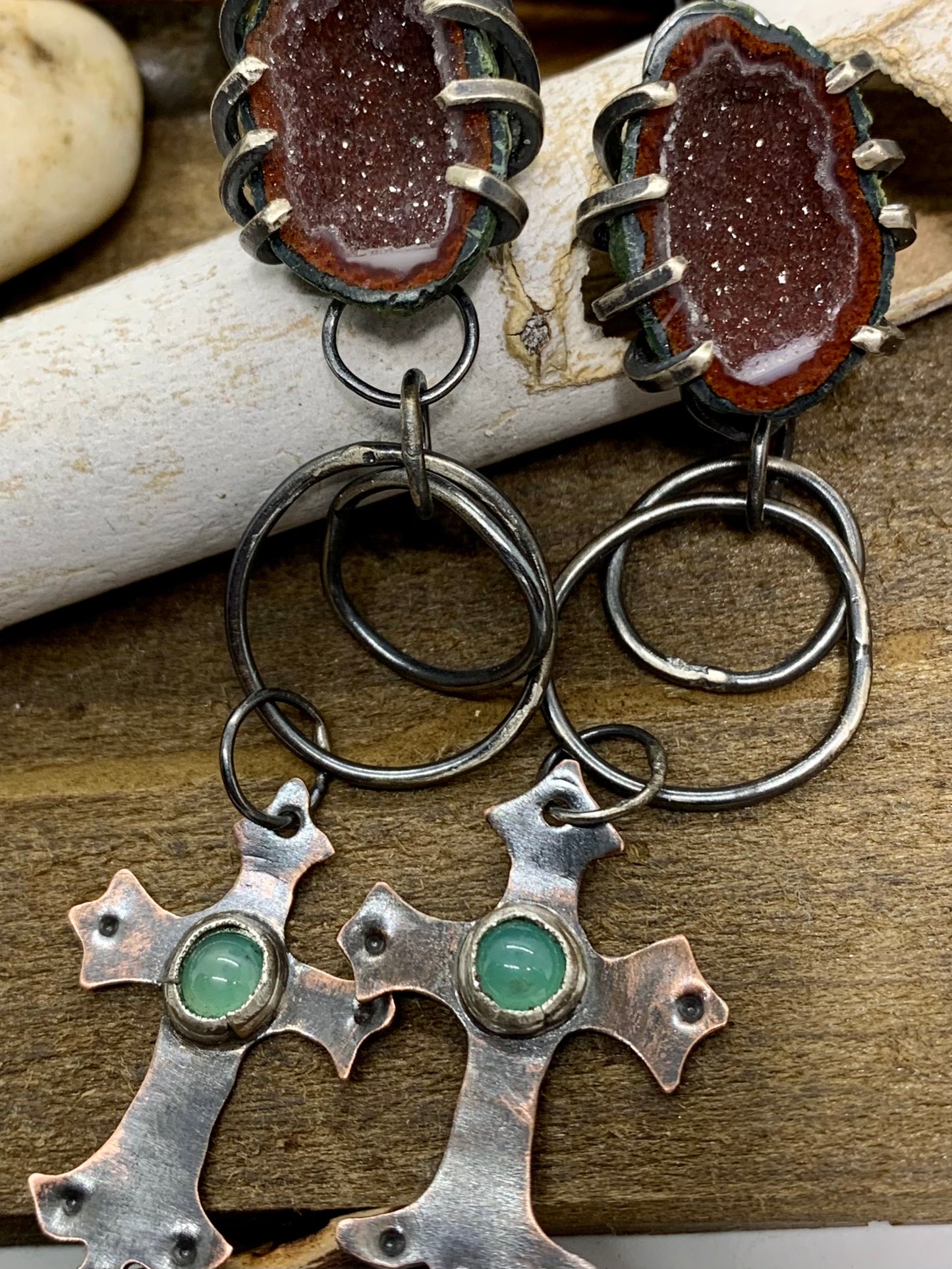 Sterling Silver Copper Chrysoprase Tabasco Geode Cross Earrings