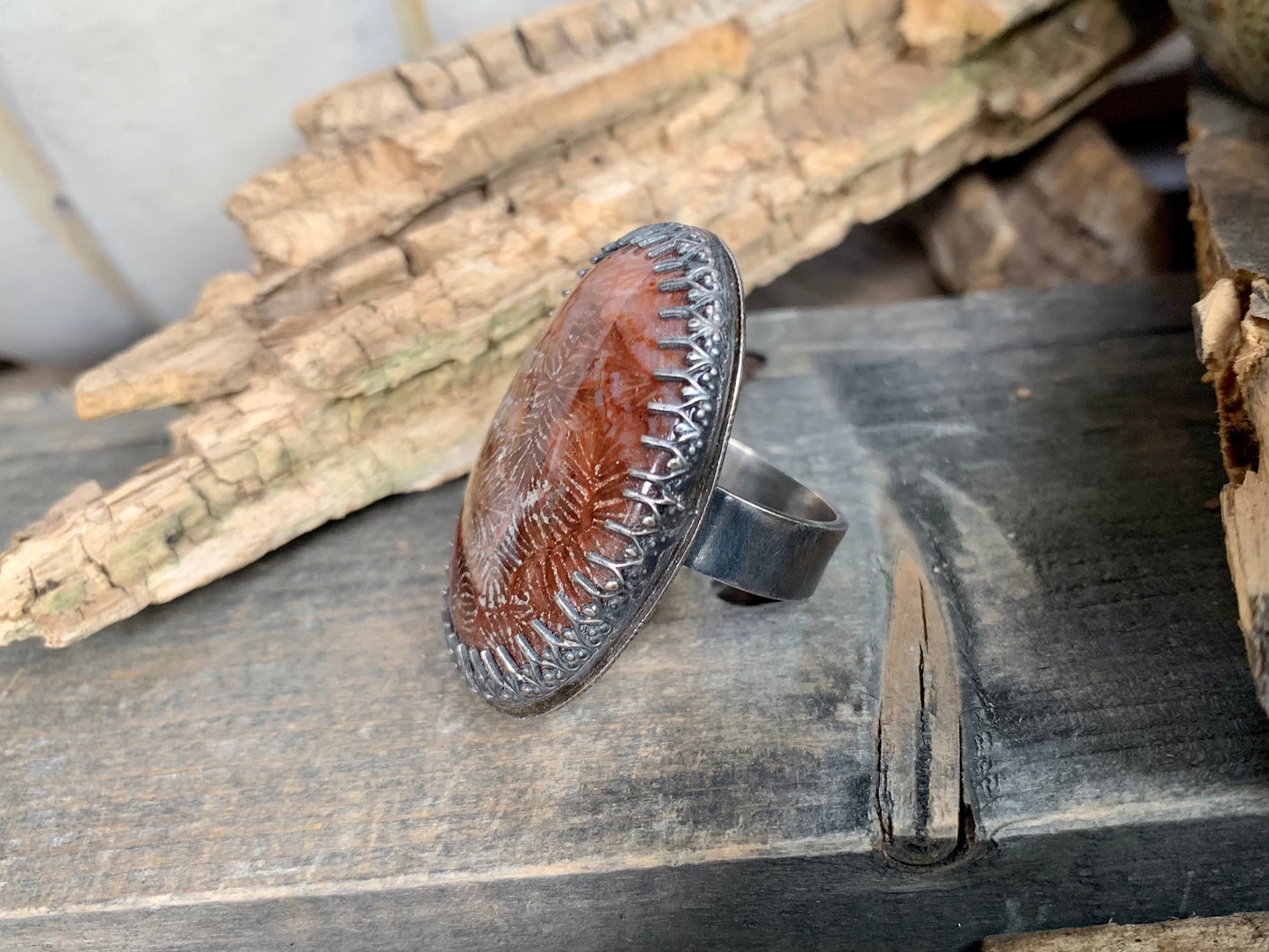 Sterling Silver Fossil Adjustable Ring