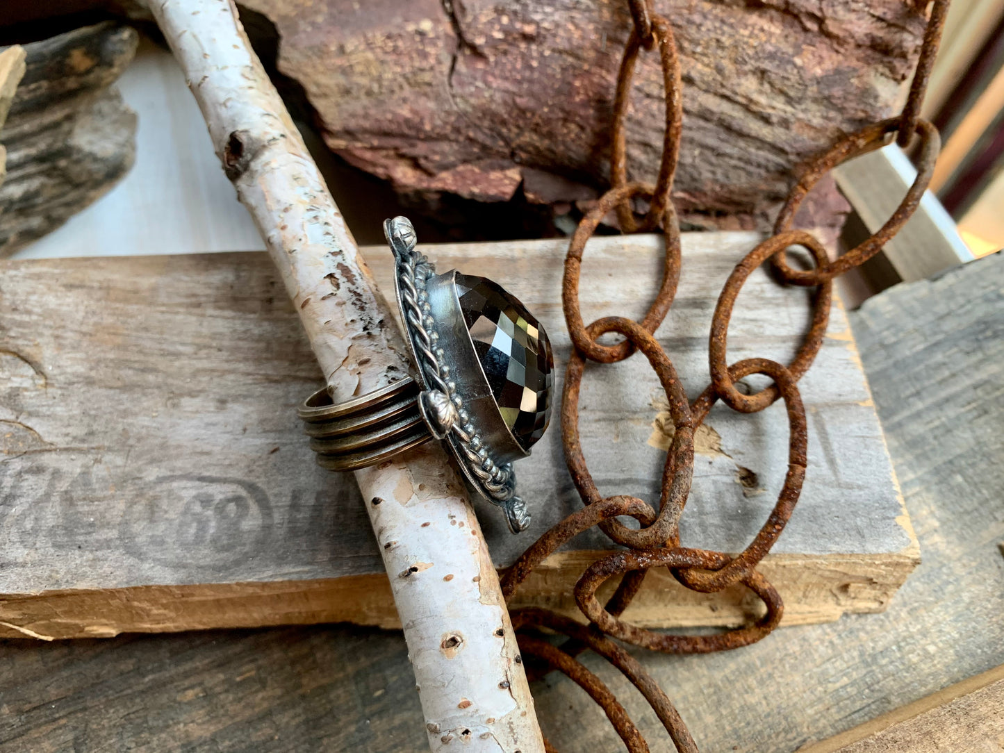 Smokey Quartz Sterling Silver Ball and Twisted Adjustable Ring