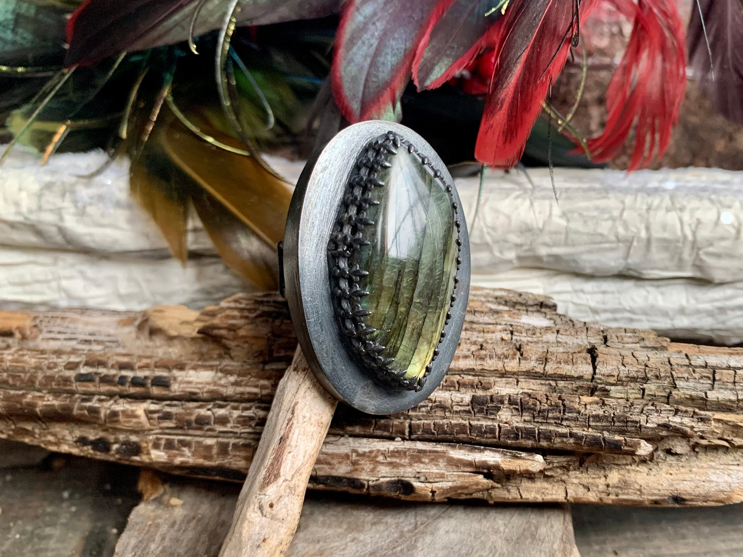 Sterling Silver Labradorite Hollow Form Adjustable Ring (2)