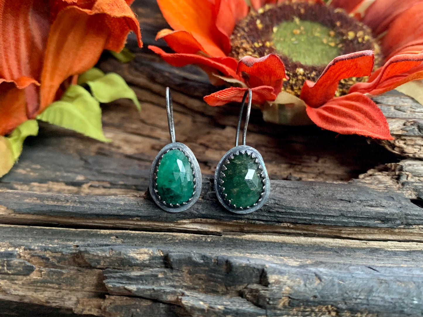 Fall Collection Oxidized Sterling Silver Rose Cut Emerald Earrings (2)