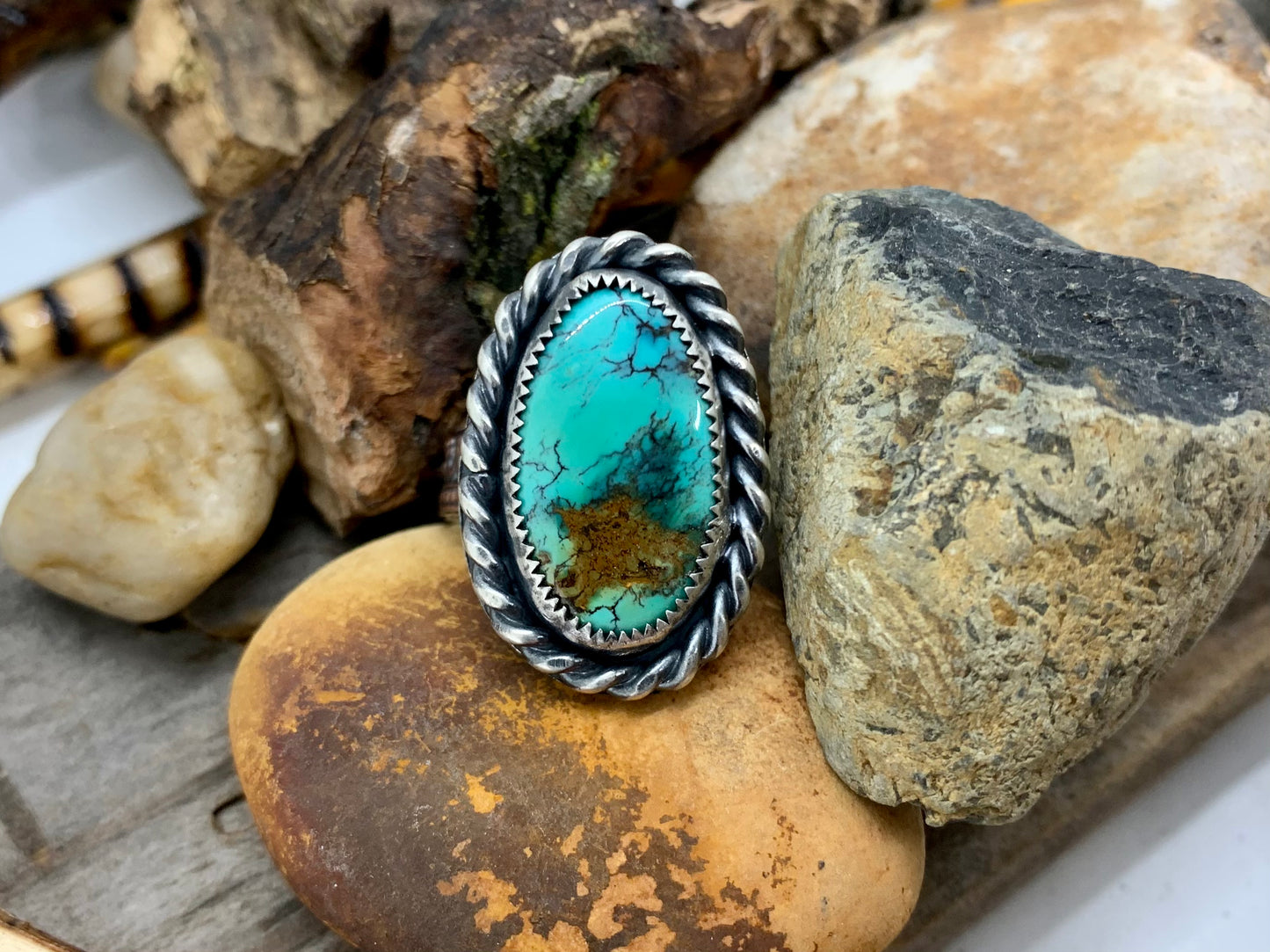 Sterling Silver Copper Hubei Turquoise Adjustable Ring (D)