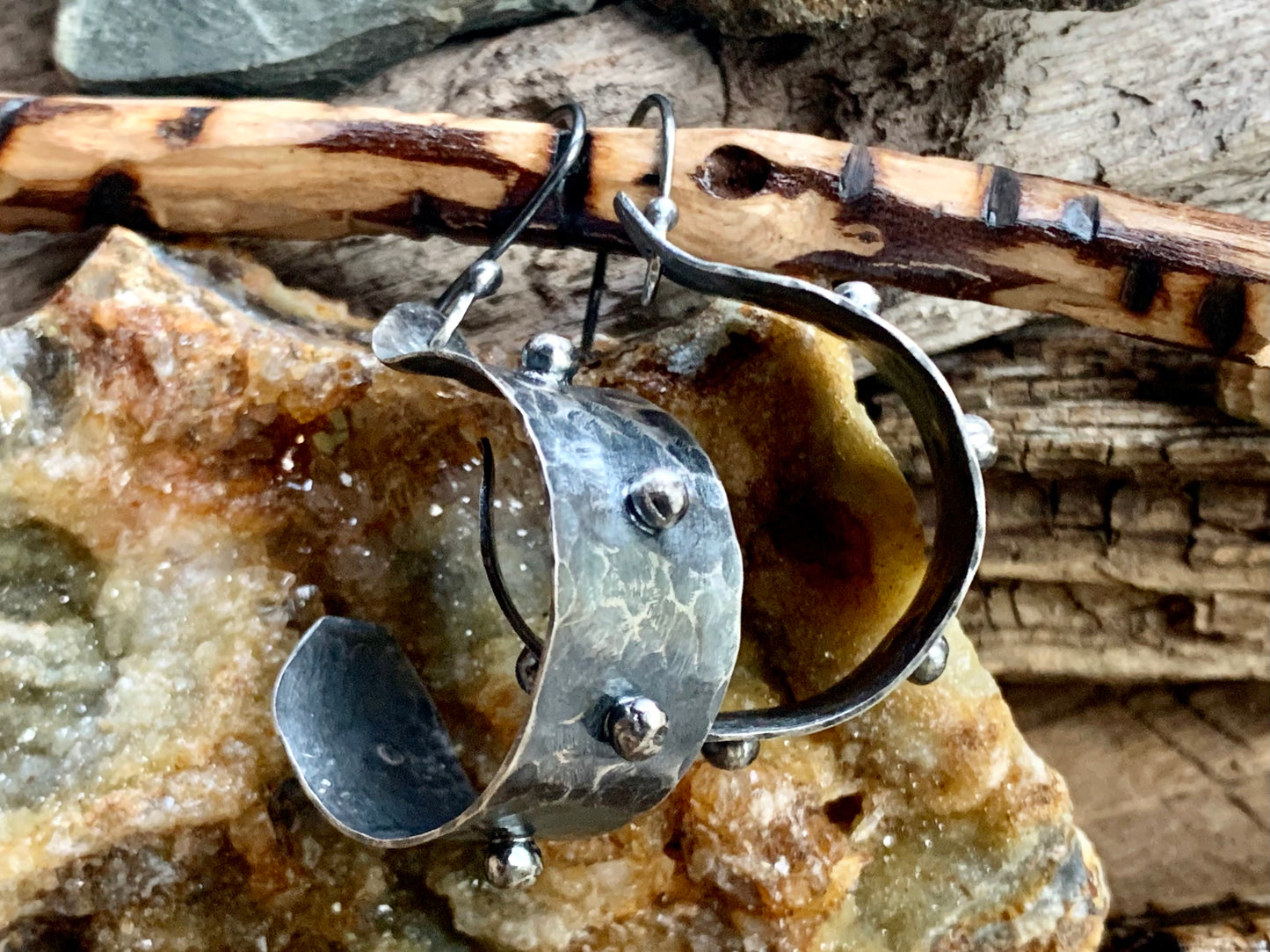 Oxidized Hand Forged Sterling Silver Ball Hoop Earrings # 2