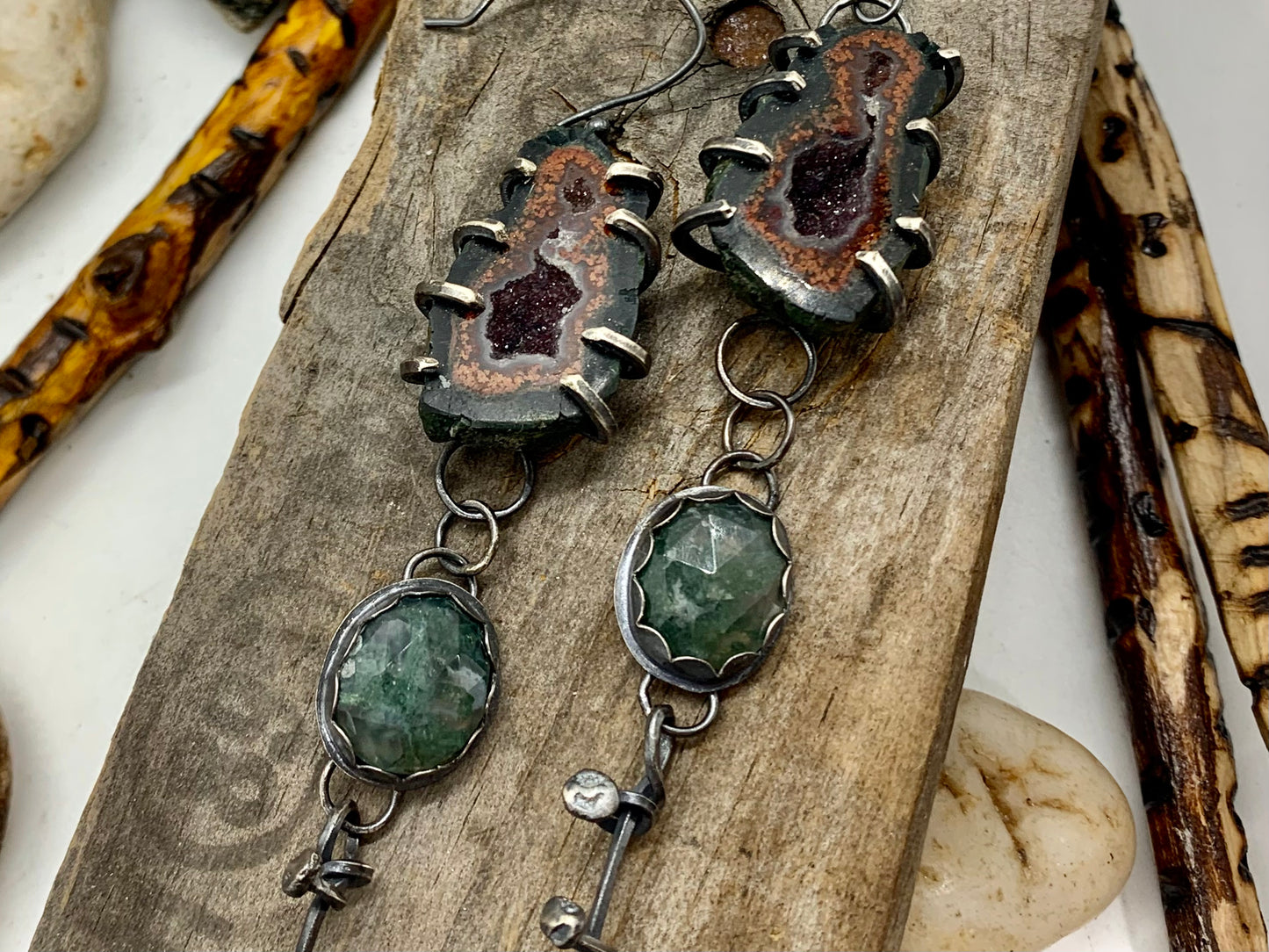 Sterling Silver Tabasco Geode Moss Agate Cone Earrings