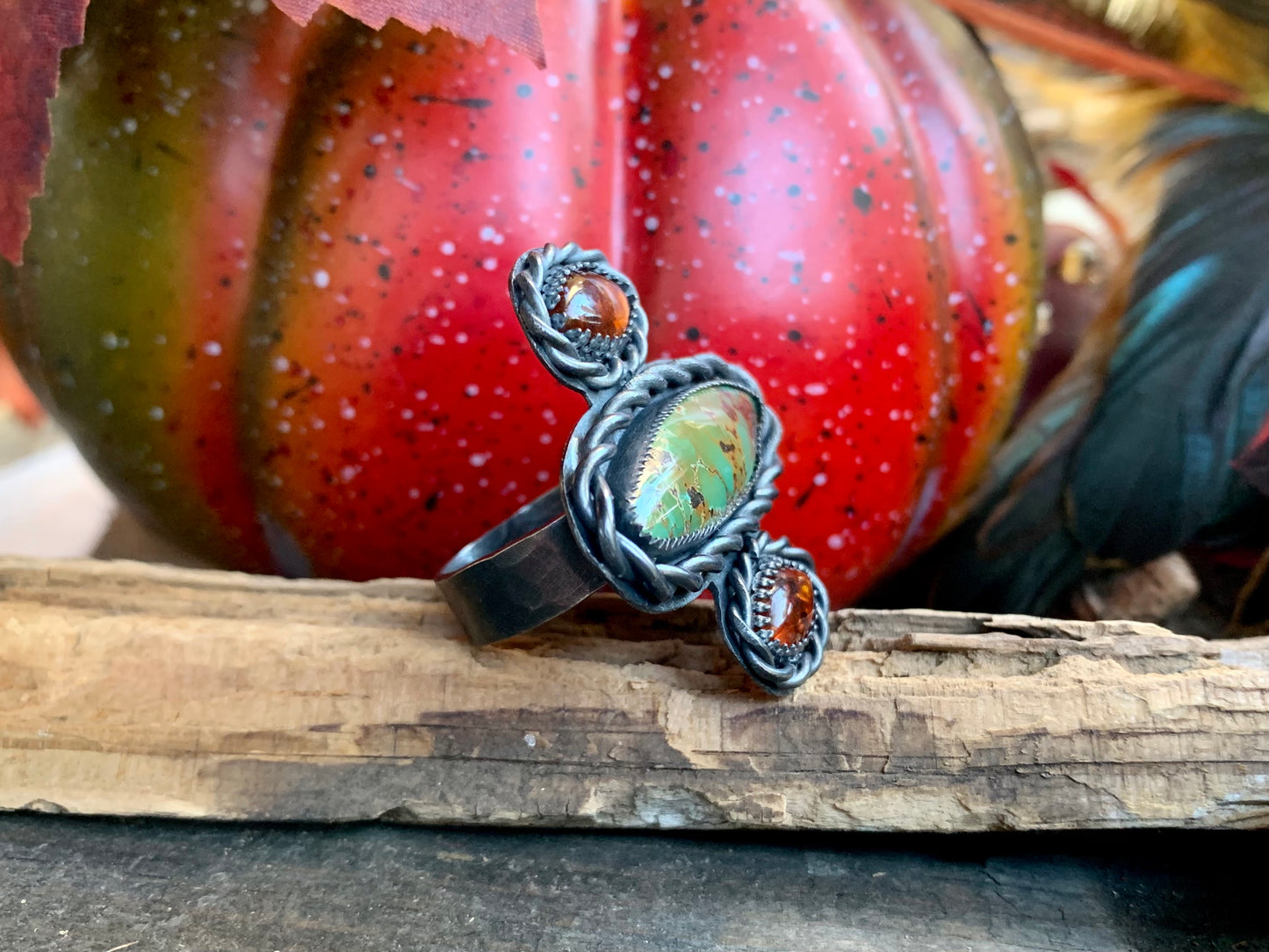 Sterling Silver Bamboo Mountain Turquoise Baltic Amber Adjustable Ring