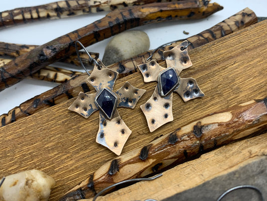 Bronze Sterling Silver Cross Blue Sapphire Earrings