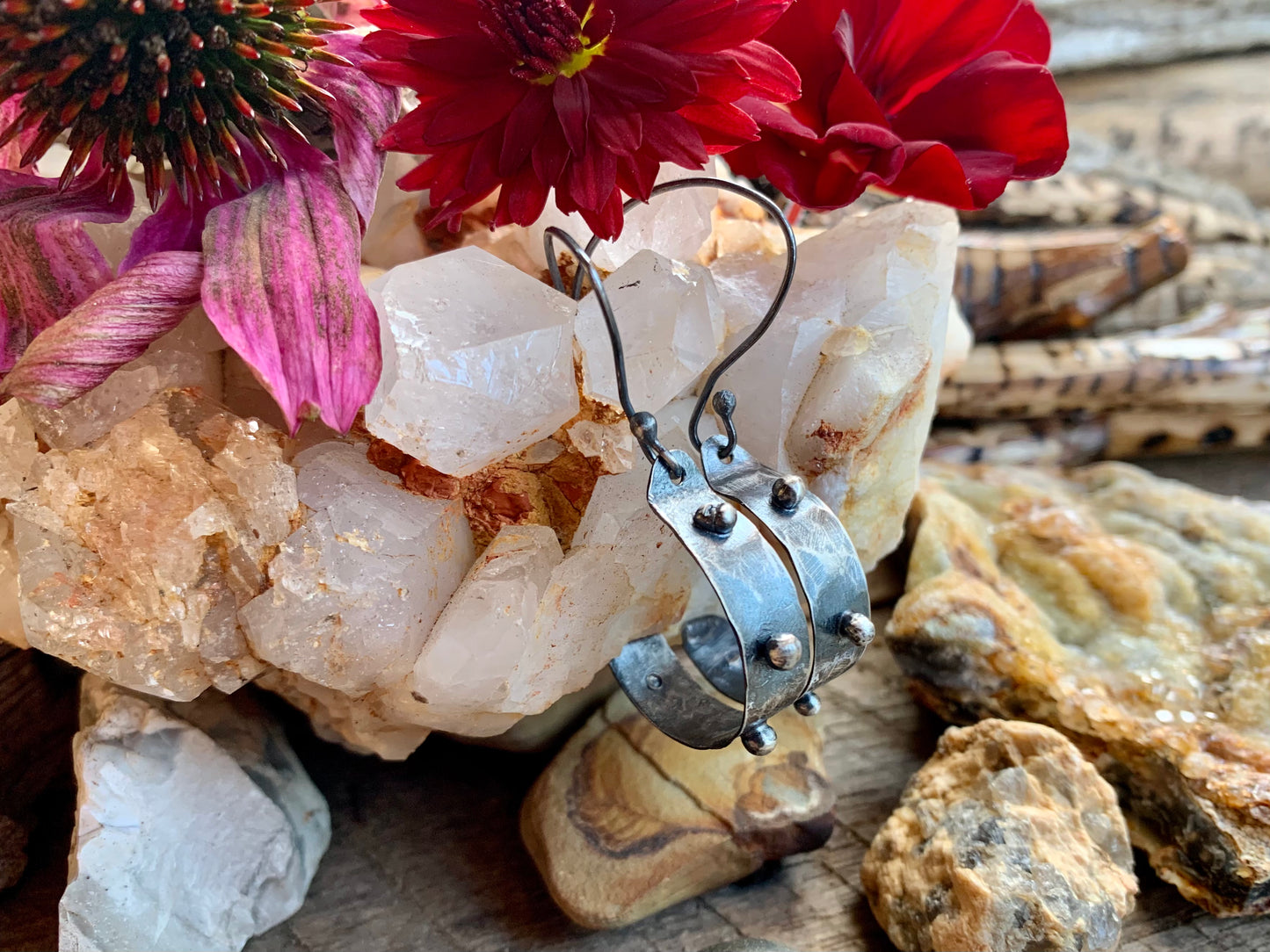 Oxidized Hand Forged Sterling Silver Ball Hoop Earrings # 4