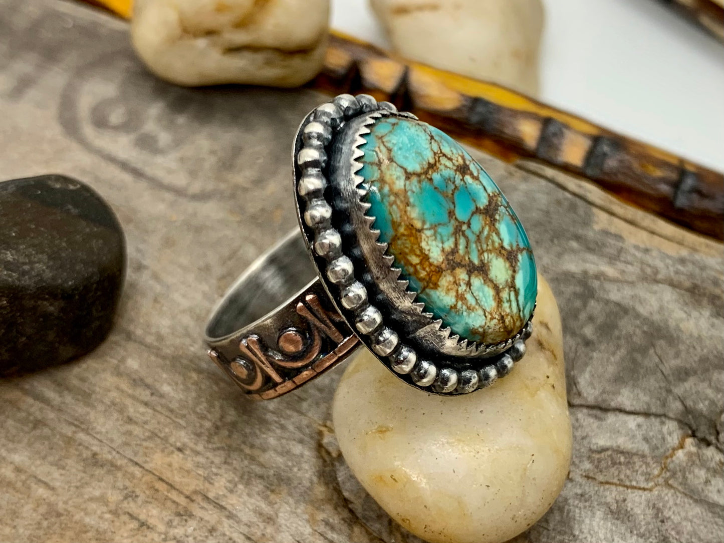 Sterling Silver Copper Hubei Turquoise Adjustable Ring (E)