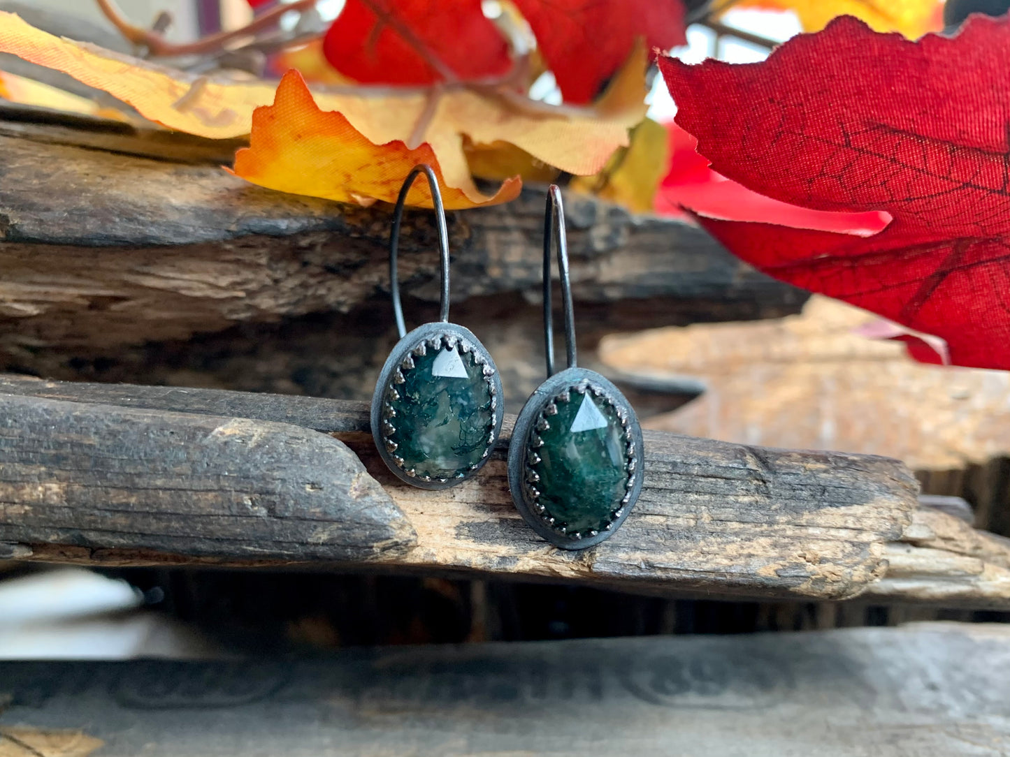 Fall Collection Sterling Silver Rose Cut Moss Agate Earrings