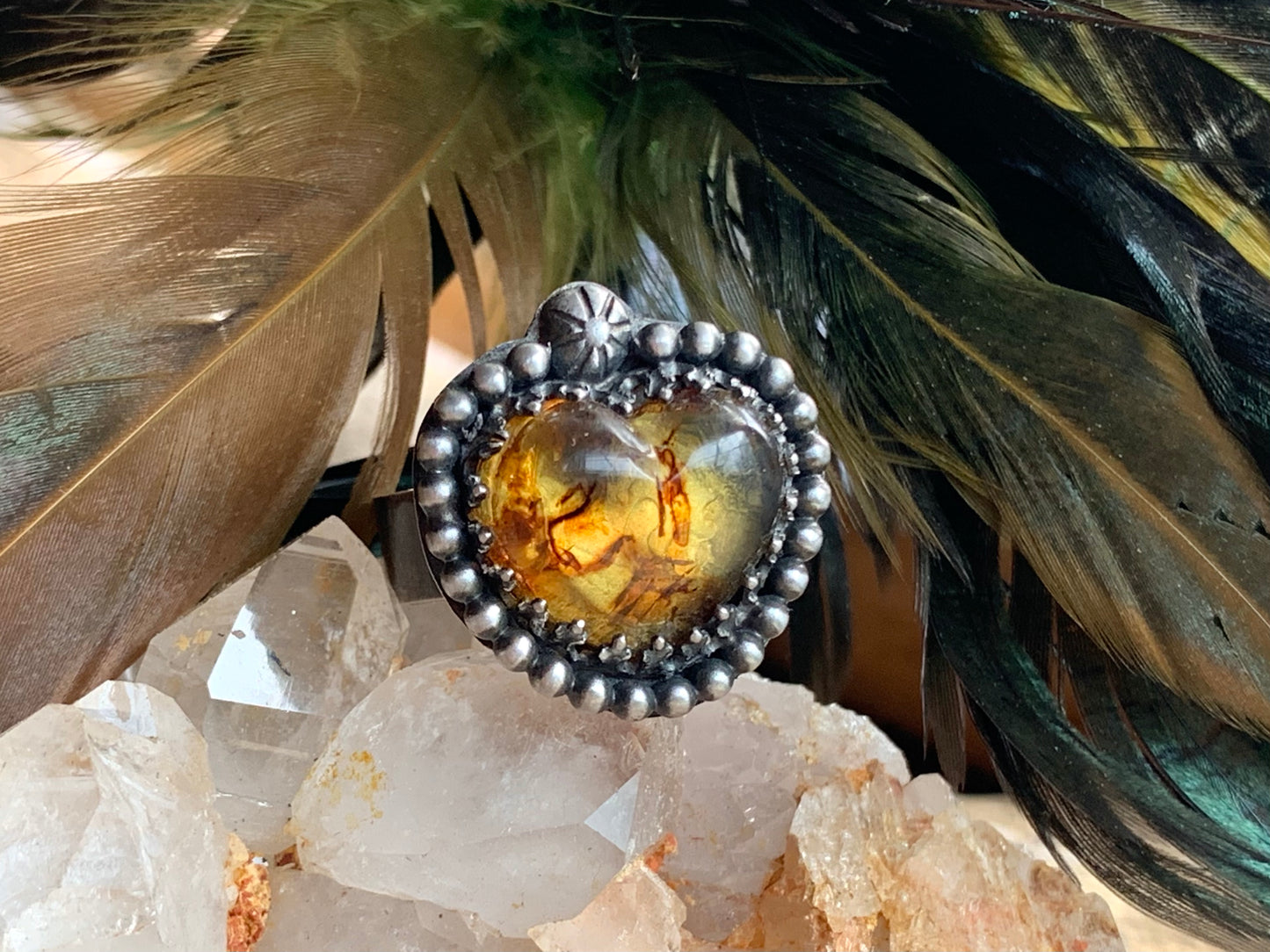 Sterling Silver Amber Heart adjustable Ring