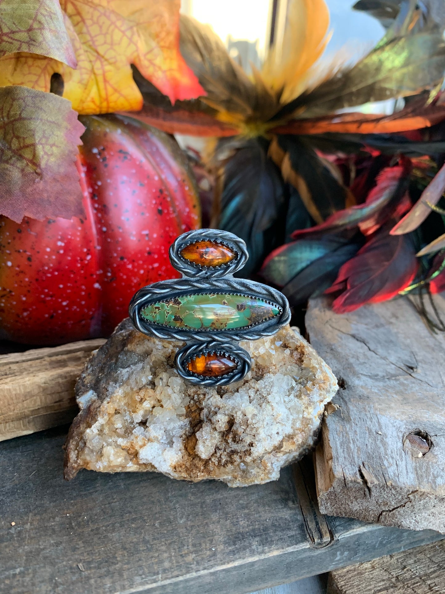 Sterling Silver Bamboo Mountain Turquoise Baltic Amber Adjustable Ring