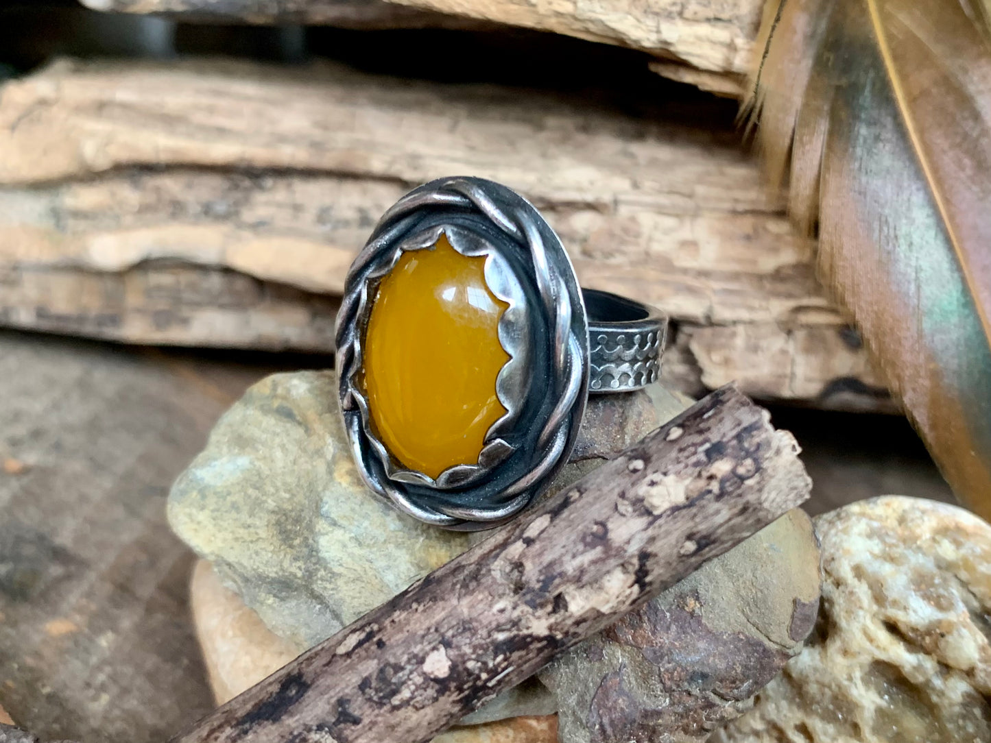 Sterling Silver Twisted Yellow Jade Adjustable Ring