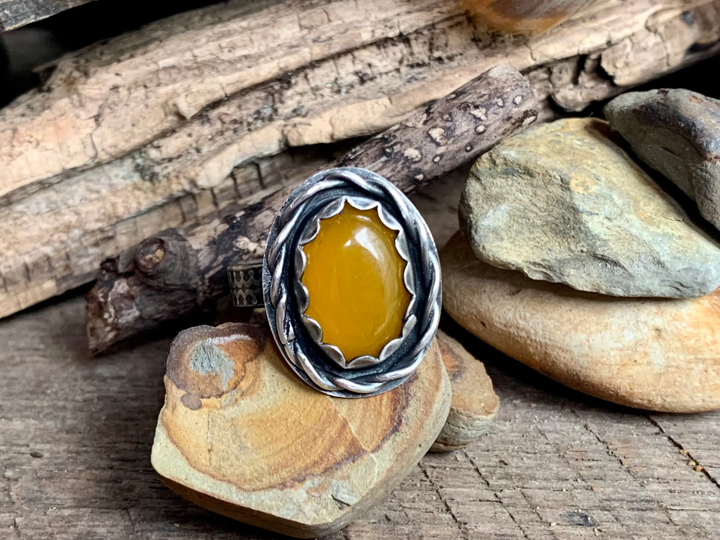 Sterling Silver Twisted Yellow Jade Adjustable Ring