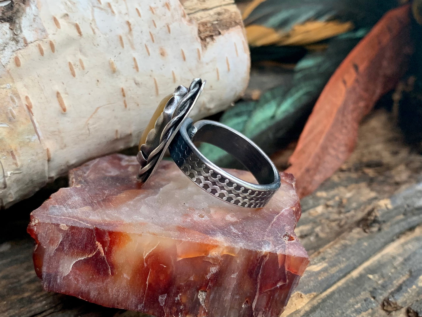 Sterling Silver Twisted Yellow Jade Adjustable Ring