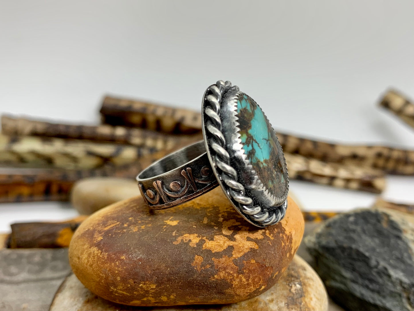 Sterling Silver Copper Hubei Turquoise Adjustable Ring (B)