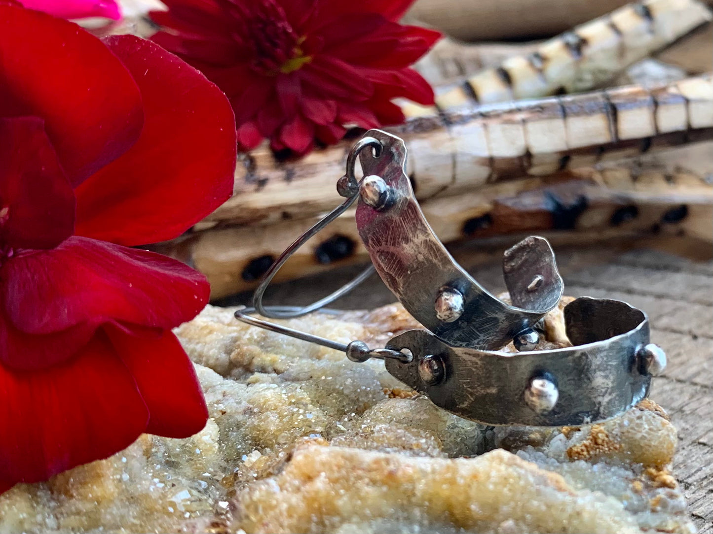 Oxidized Hand Forged Sterling Silver Ball Hoop Earrings # 4