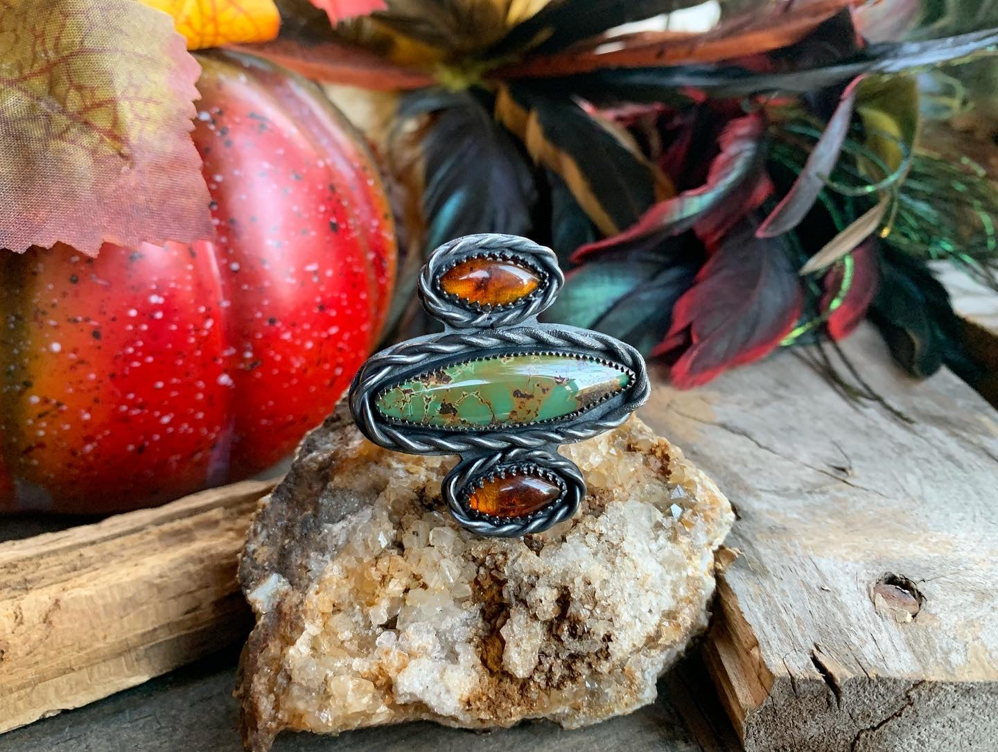 Sterling Silver Bamboo Mountain Turquoise Baltic Amber Adjustable Ring