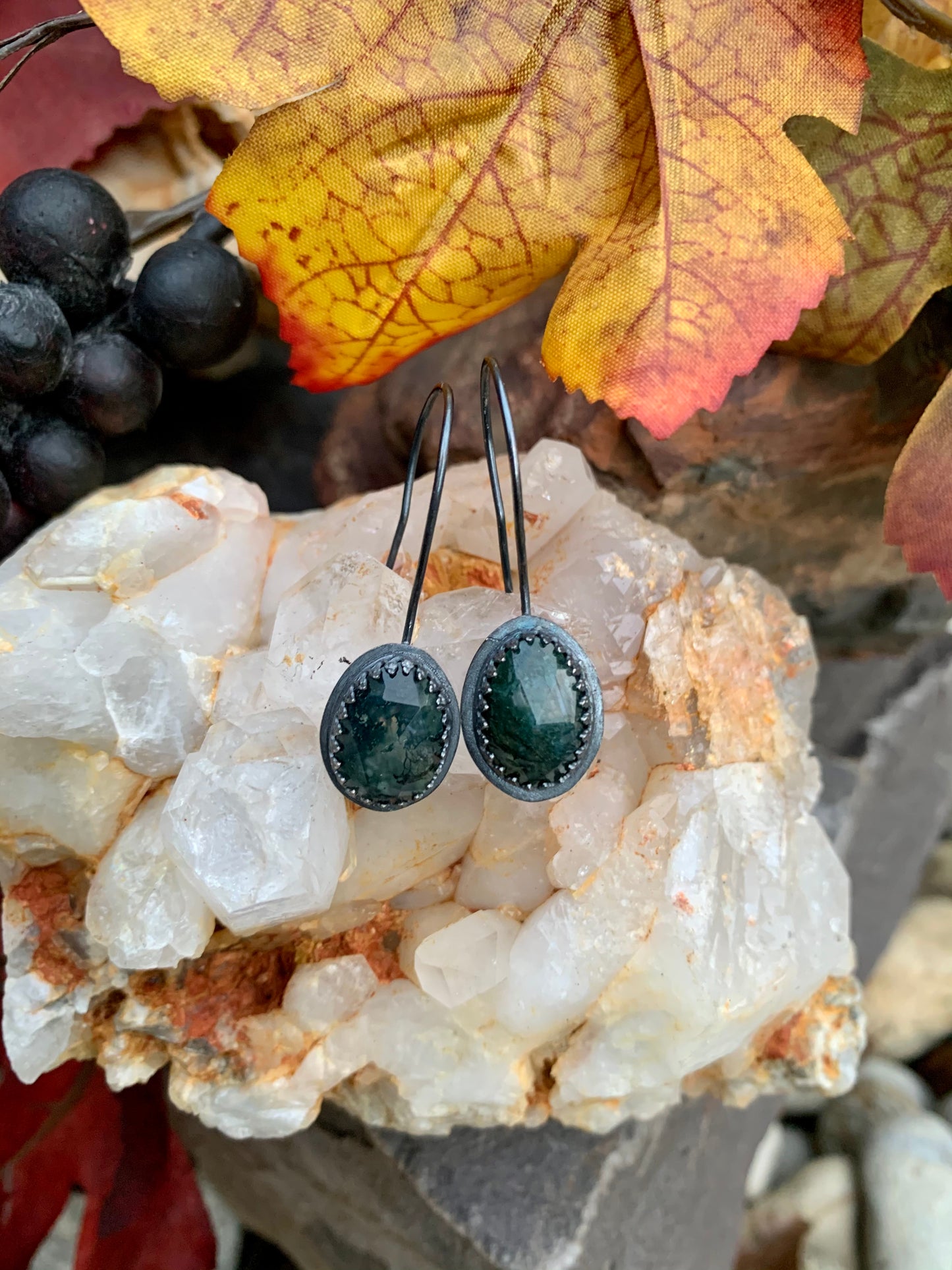 Fall Collection Sterling Silver Rose Cut Moss Agate Earrings