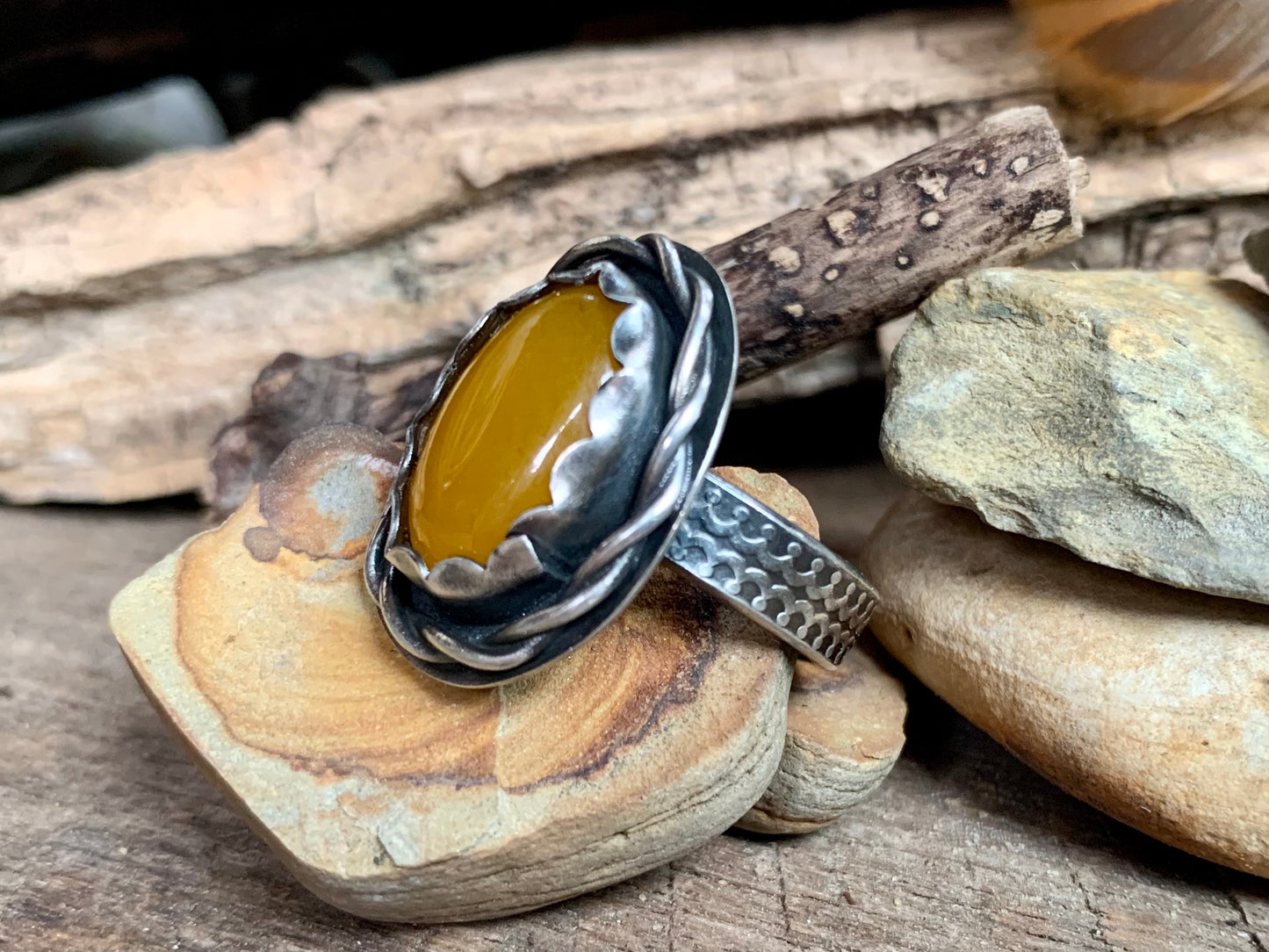 Sterling Silver Twisted Yellow Jade Adjustable Ring