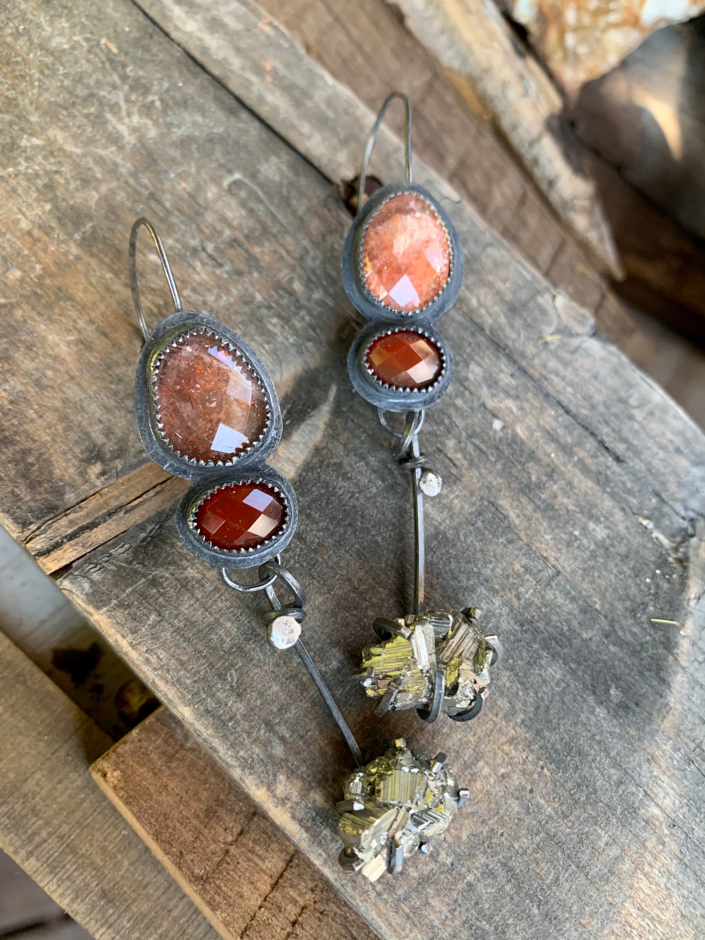 Fall Collection Sterling Silver Sunstone Rose Cut Carnelian Pyrite Earrings