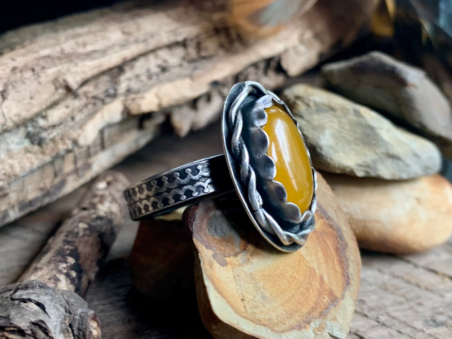 Sterling Silver Twisted Yellow Jade Adjustable Ring