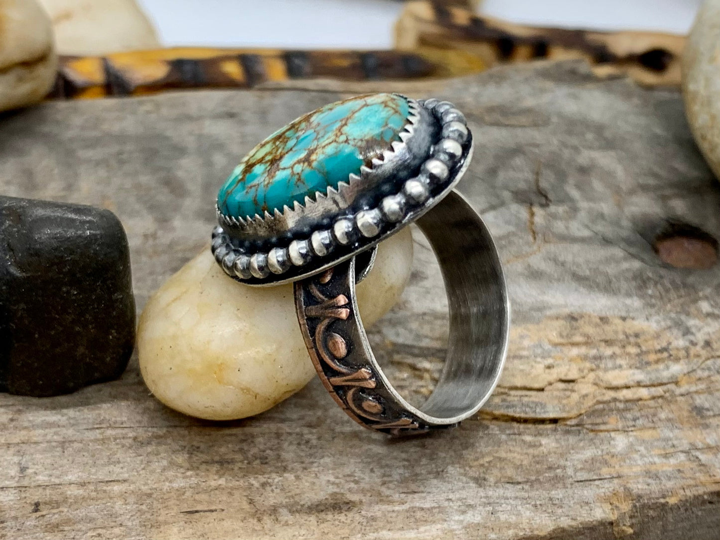 Sterling Silver Copper Hubei Turquoise Adjustable Ring (E)