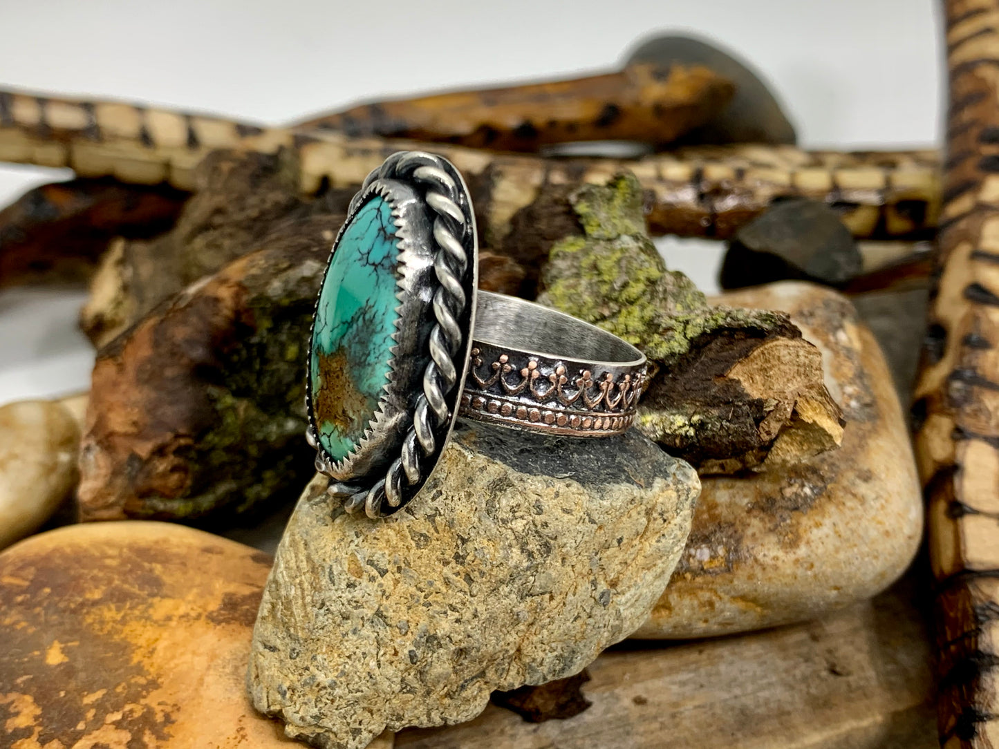 Sterling Silver Copper Hubei Turquoise Adjustable Ring (D)