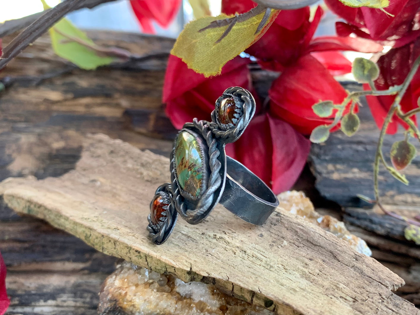 Sterling Silver Bamboo Mountain Turquoise Baltic Amber Adjustable Ring