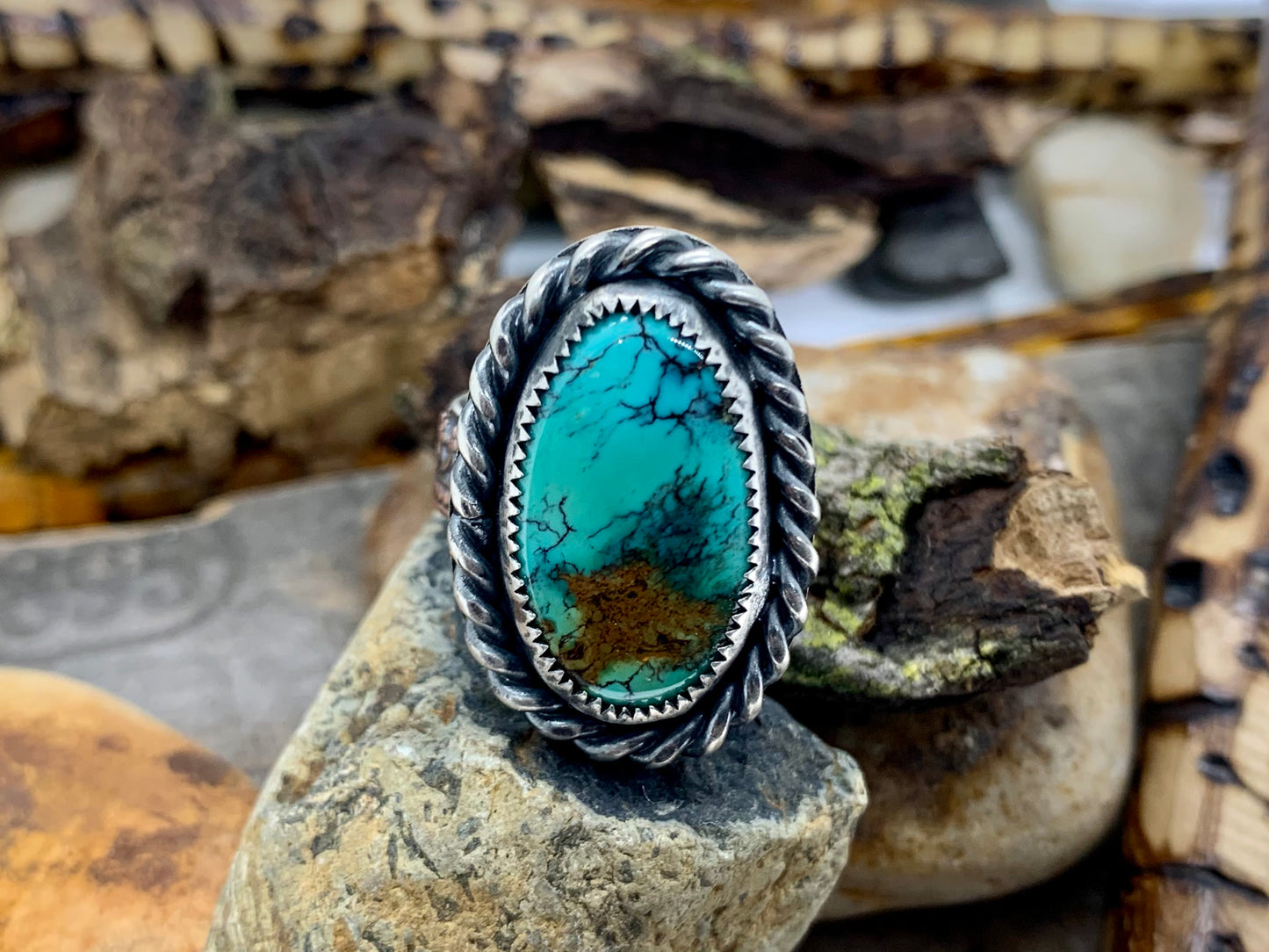 Sterling Silver Copper Hubei Turquoise Adjustable Ring (D)