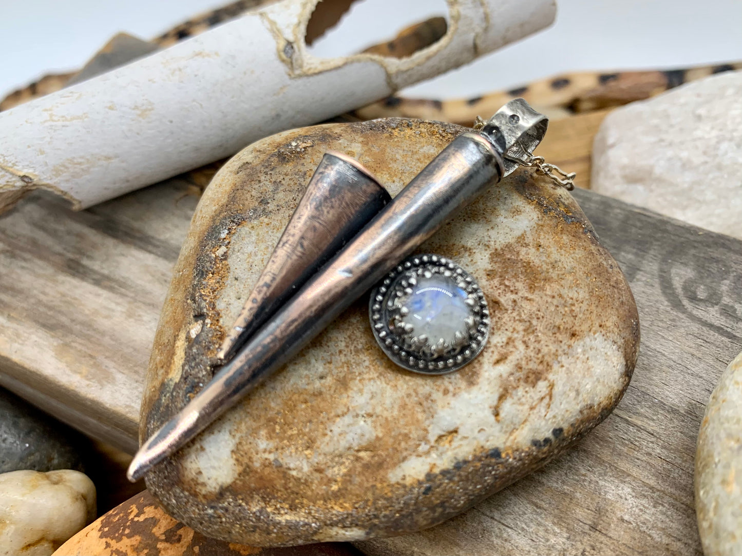 Sterling Silver Copper Double Cone Moonstone Necklace