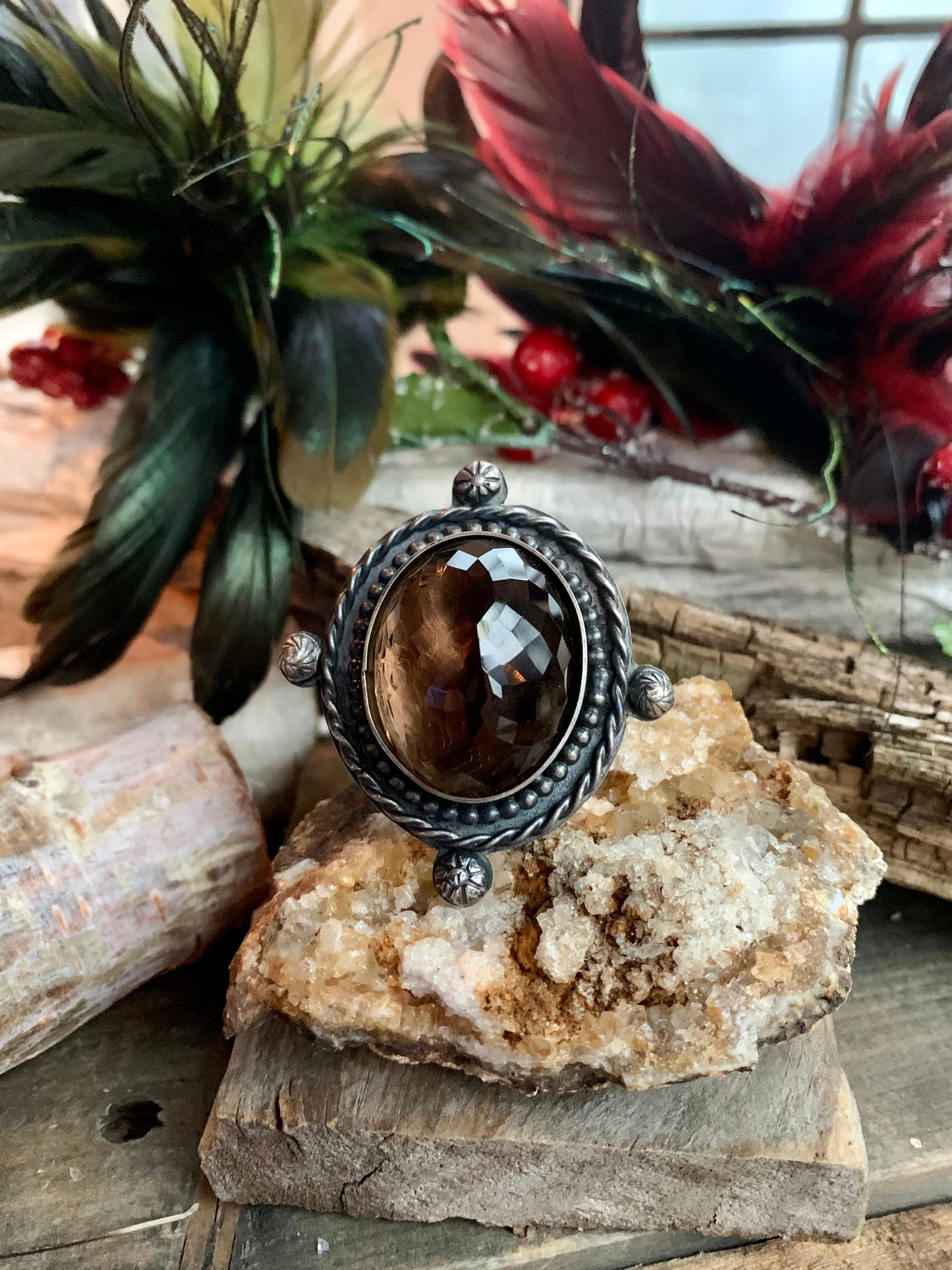 Smokey Quartz Sterling Silver Ball and Twisted Adjustable Ring