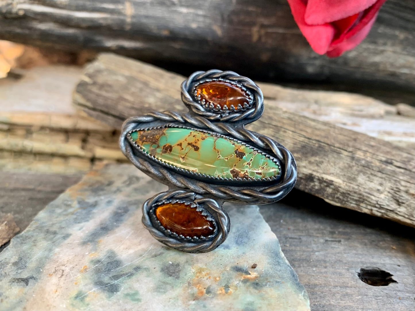 Sterling Silver Bamboo Mountain Turquoise Baltic Amber Adjustable Ring